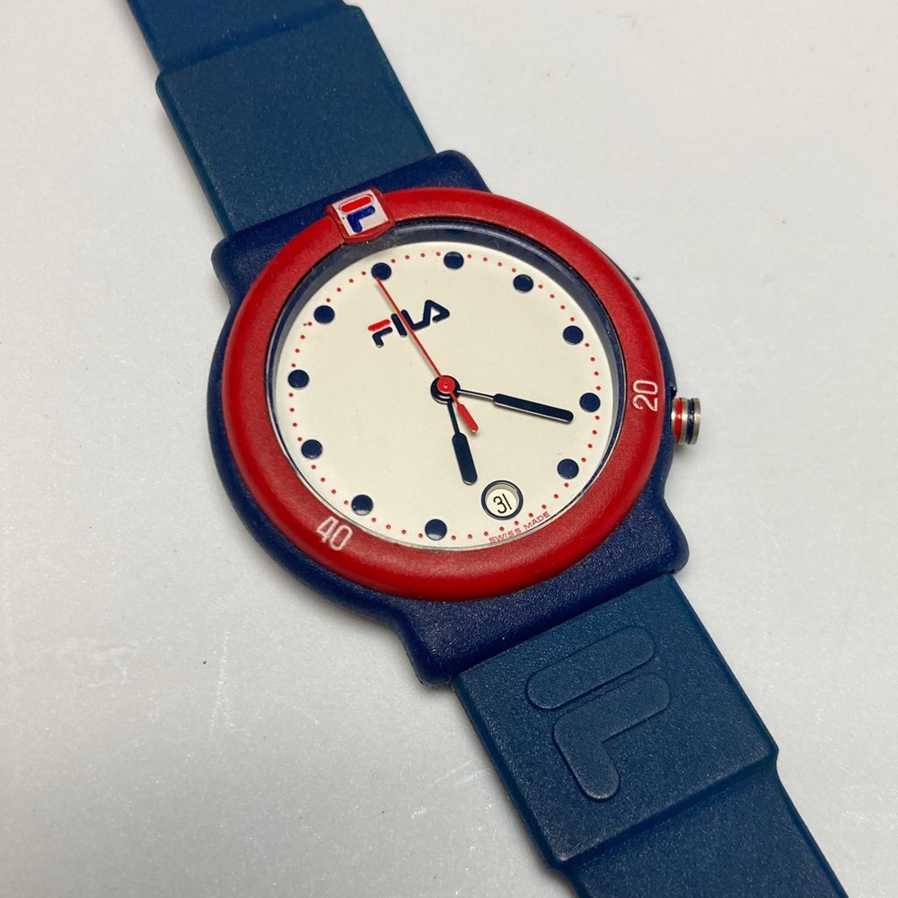 Fila vintage 95M watch, red white blue, new battery, rubber strap, date feature